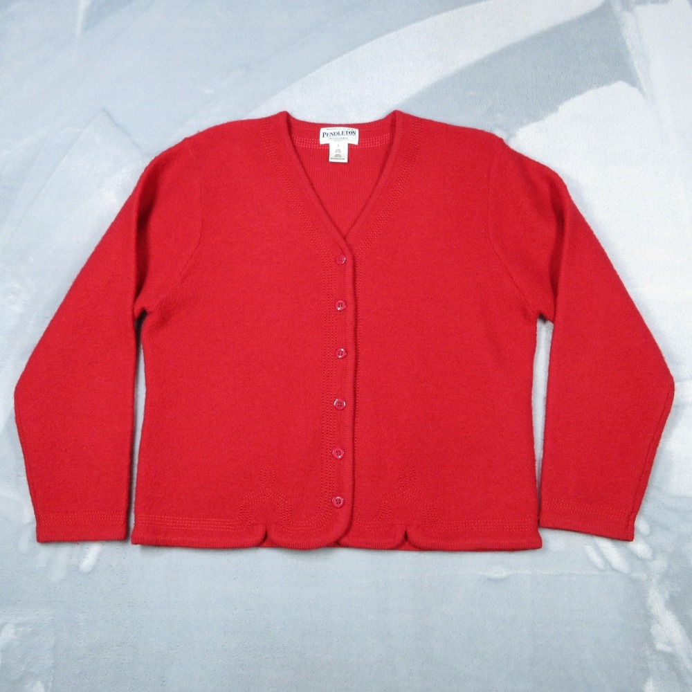 Pendleton Sweater Womens Large Petite Red 100% Virgin Wool Cardigan Button Front